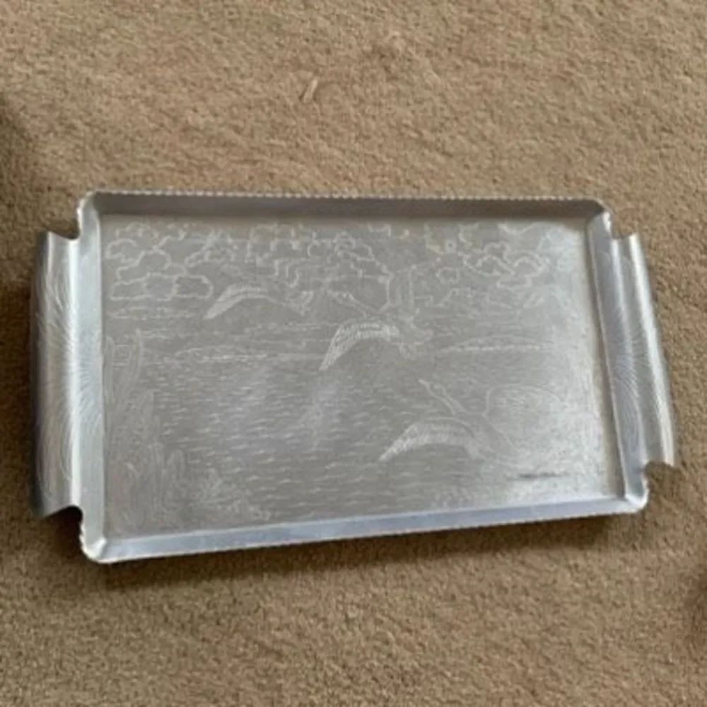 Vintage Handled Hammered Aluminum Tray With Geese